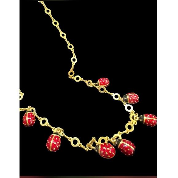 Joan Rivers Collection Vintage Seven Red Gold Tone Ladybug Dangle Necklace New - Picture 10 of 12